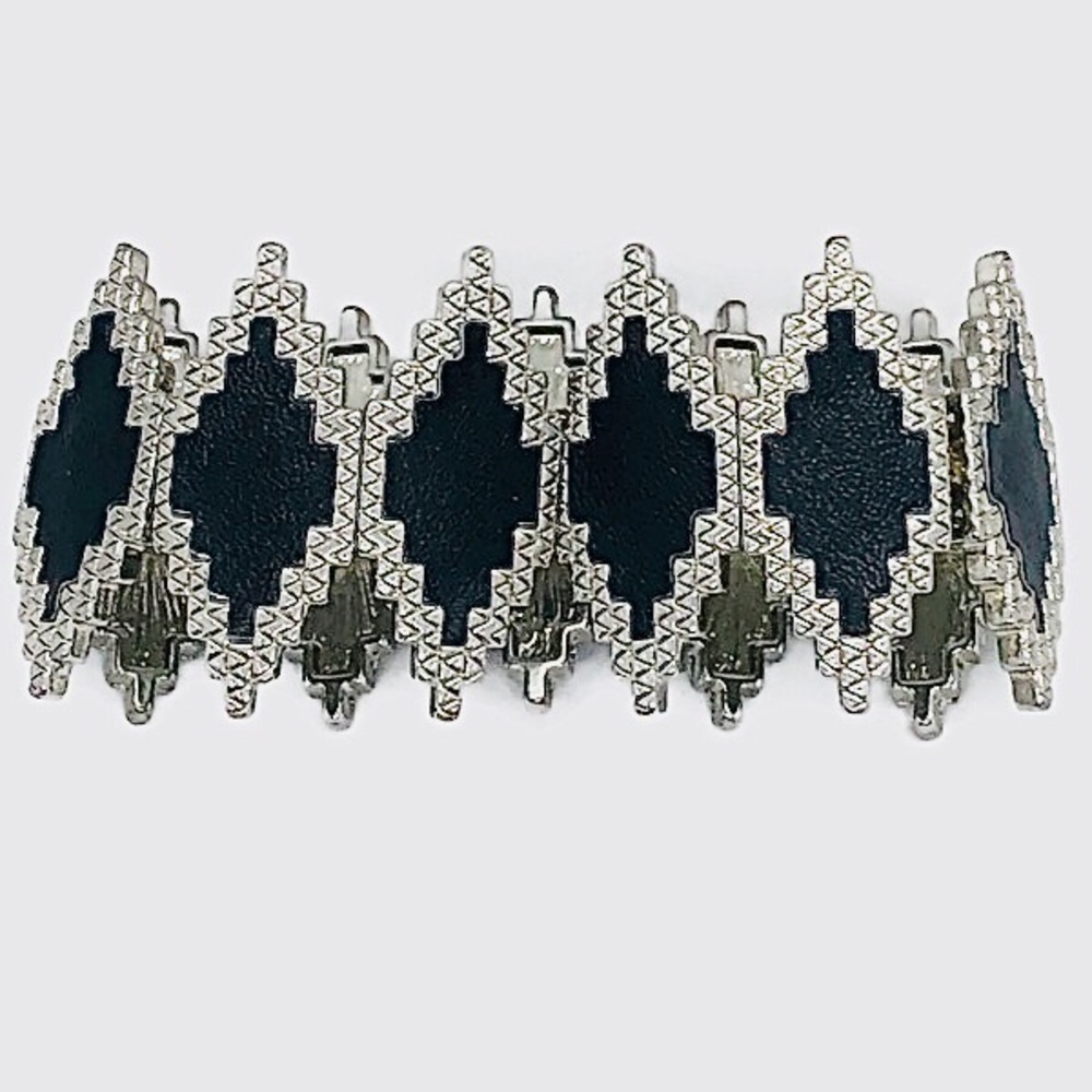 Faux Black Leather Stretch Silver Tone Bracelet - Picture 3 of 3